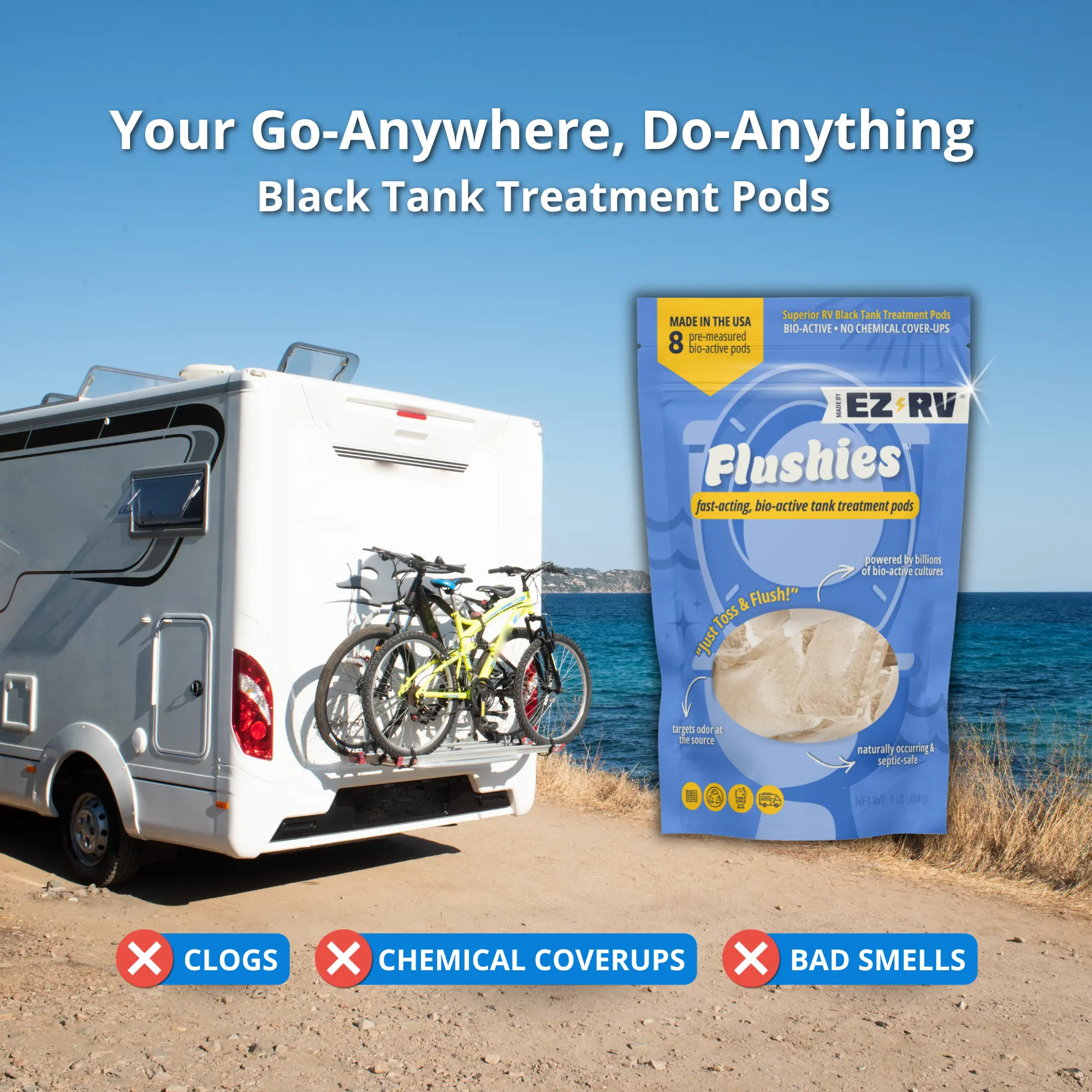 EZ-RV Flushies pack outside an RV